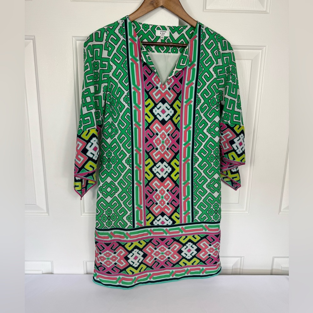 Crown & Ivy Women's Casual Dress Sz 4P Green, Pink‎ & White Lattice Pattern